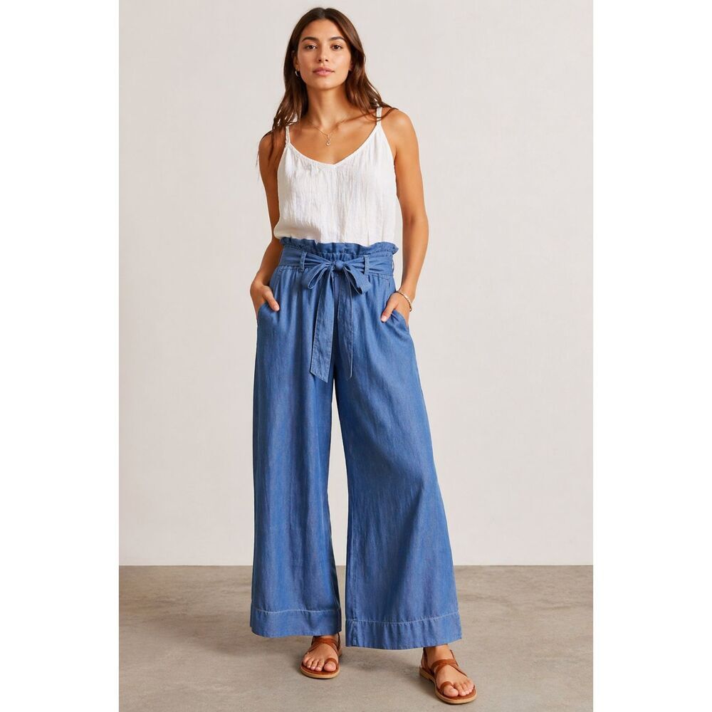 Hannah Womens Size M Wide Leg Pants Tie Belt Chambray Blue Pull On Ankle R